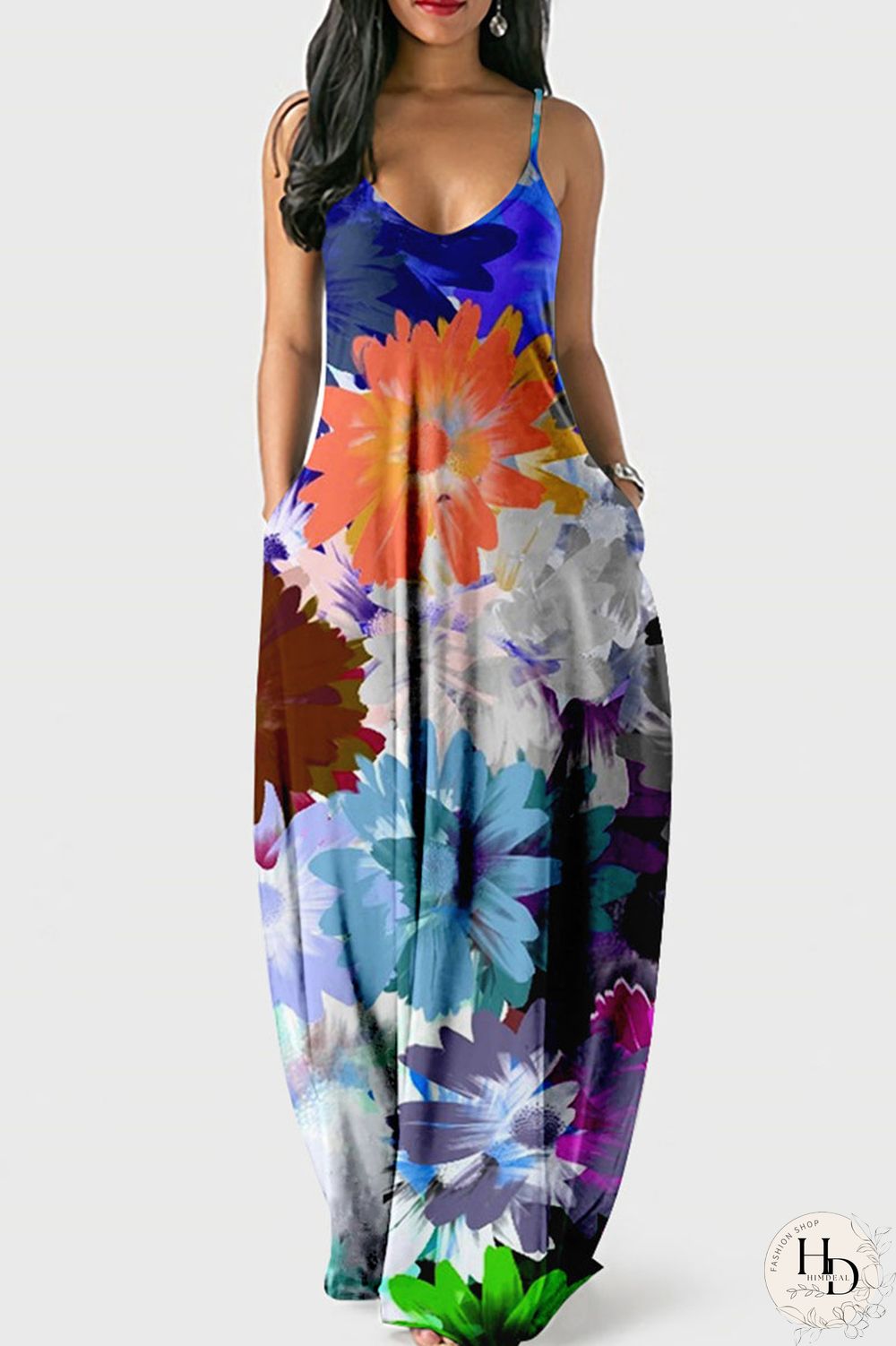 Blue Pink Casual Sweet Print Patchwork Spaghetti Strap Sling Dress Dresses