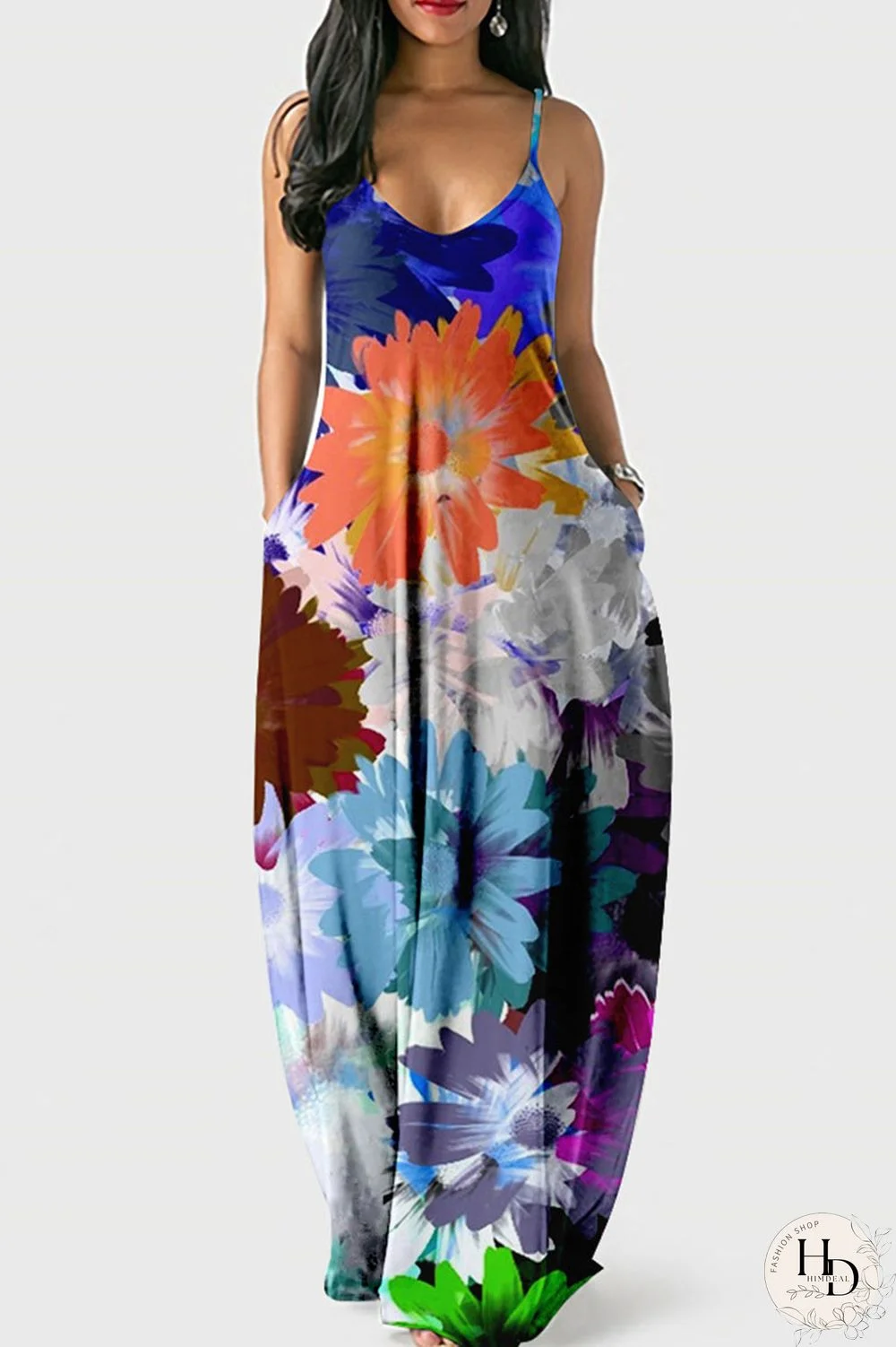 Blue Pink Casual Sweet Print Patchwork Spaghetti Strap Sling Dress Dresses