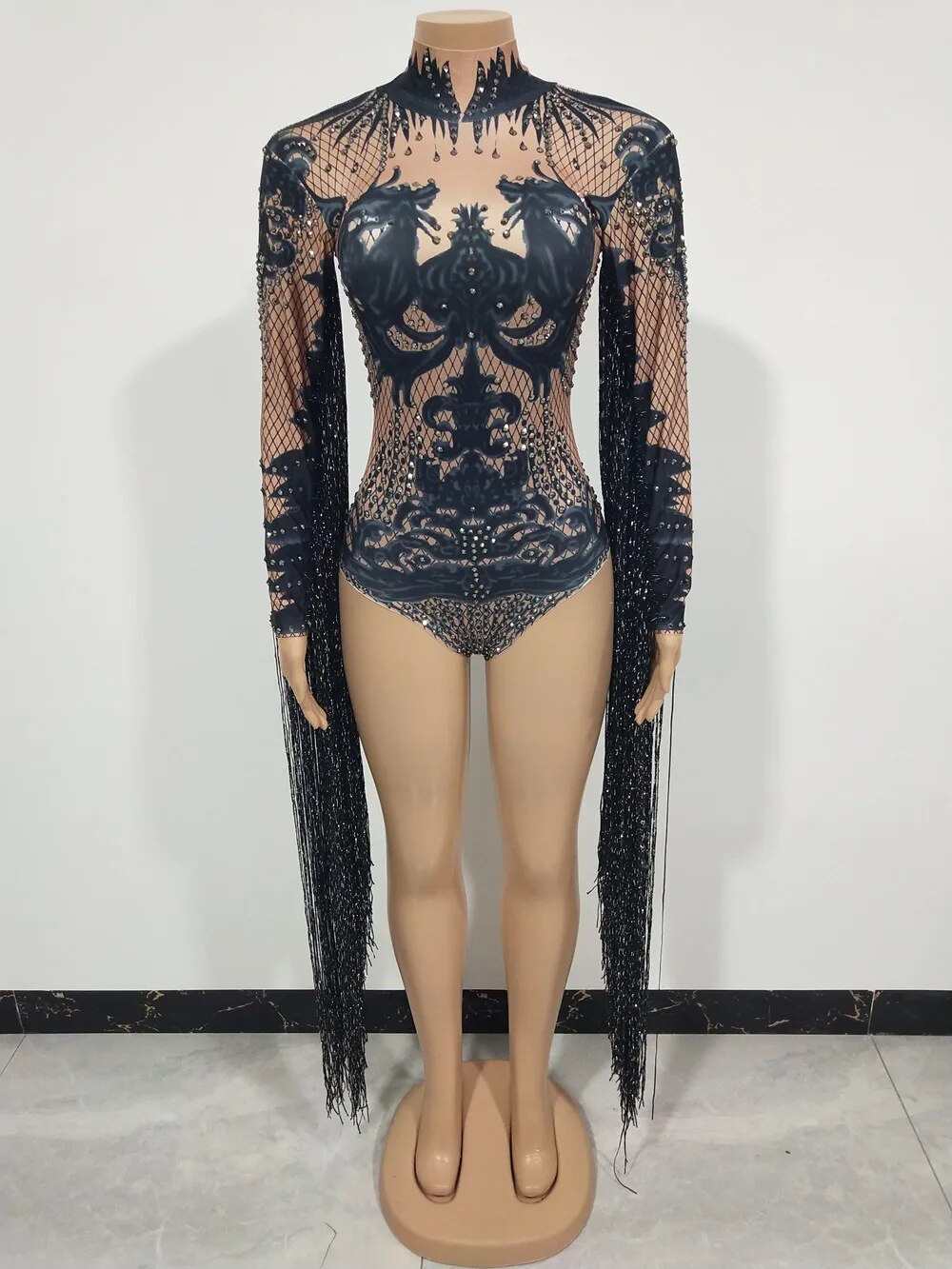 VCSHOES Rhinestones Tassel Sleeve Prints Bodysuit Dance Costume Women Singer Dancer Performance Stage Wear Rave Festival Clothing