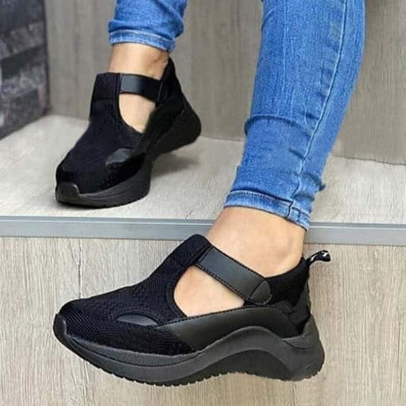 2021 Women Casual Shoes Thick Bottom Women's Flat Platform Thick Woman Shoes Mesh Hollow Casual Single Shoes Large Size 1108-1