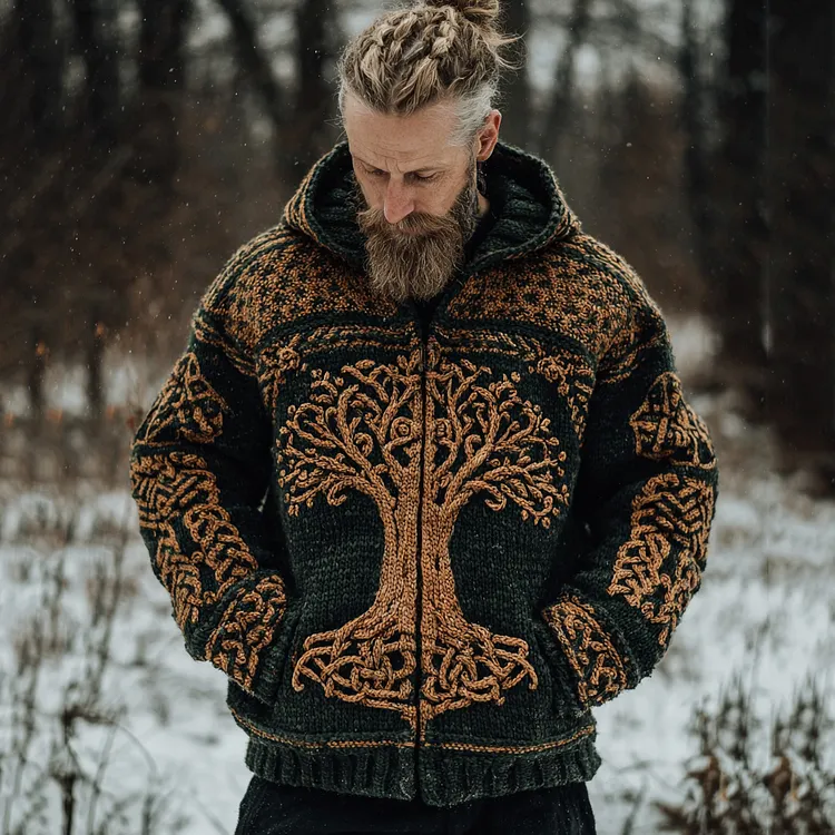 Men's Vintage Celtic Tree Of Life Jacquard Zipper Contrast Color Aran Sweater
