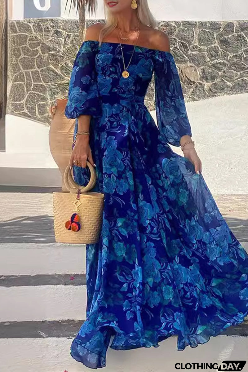 Sexy Vintage Print Flowers Patchwork Off the Shoulder A Line Dresses
