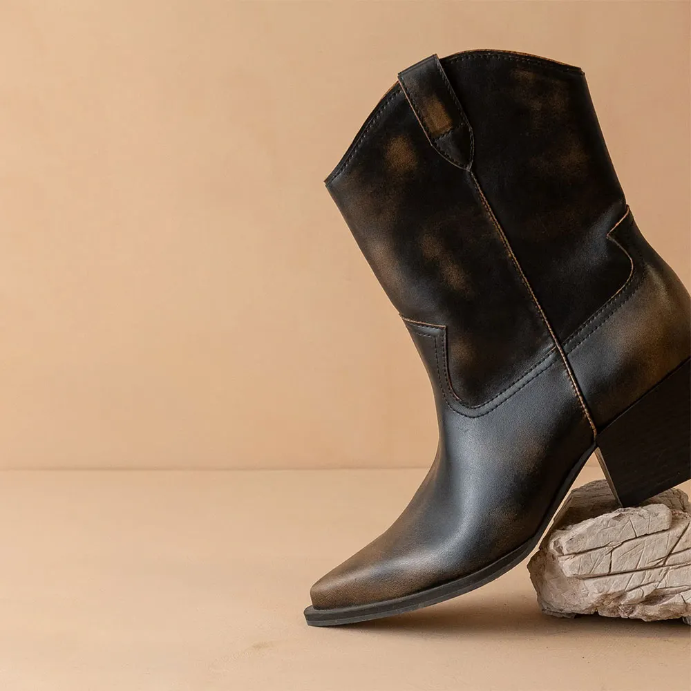 Distressed Brown Slip On Heeled Pointed Toe Western Ankle Boots