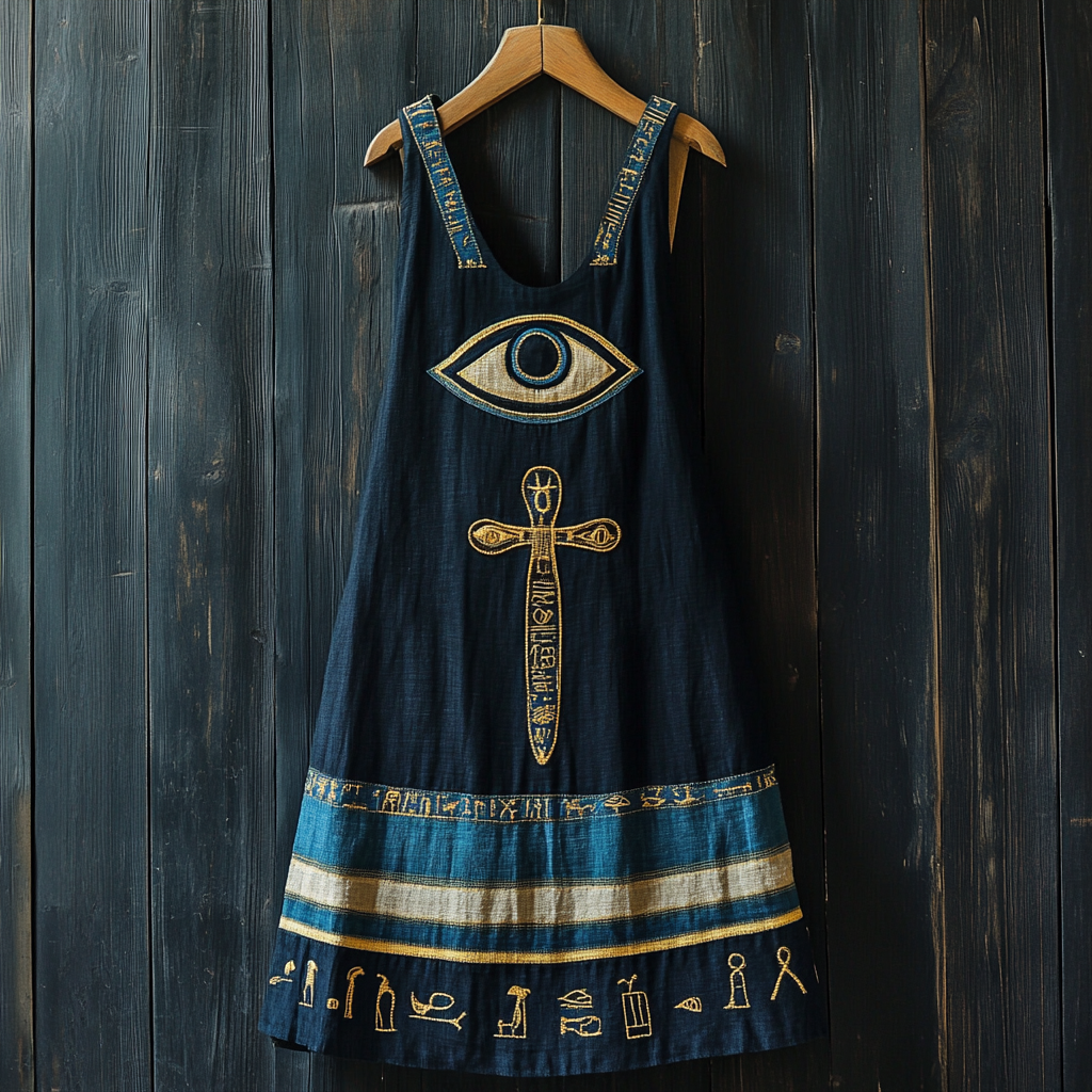 Women's Vintage Ancient Egyptian Symbol Art Cotton And Linen Sleeveless Dress