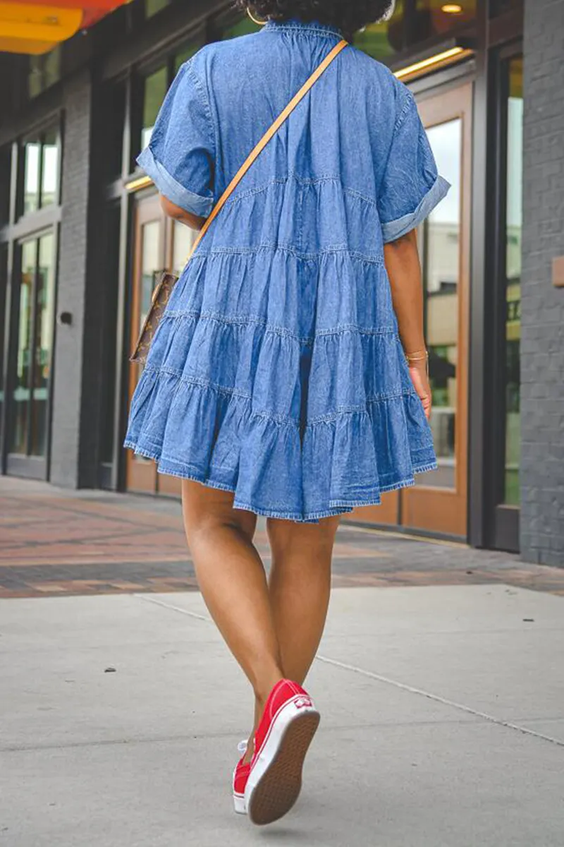 Casual Solid Patchwork Turndown Collar Cake Skirt Dresses