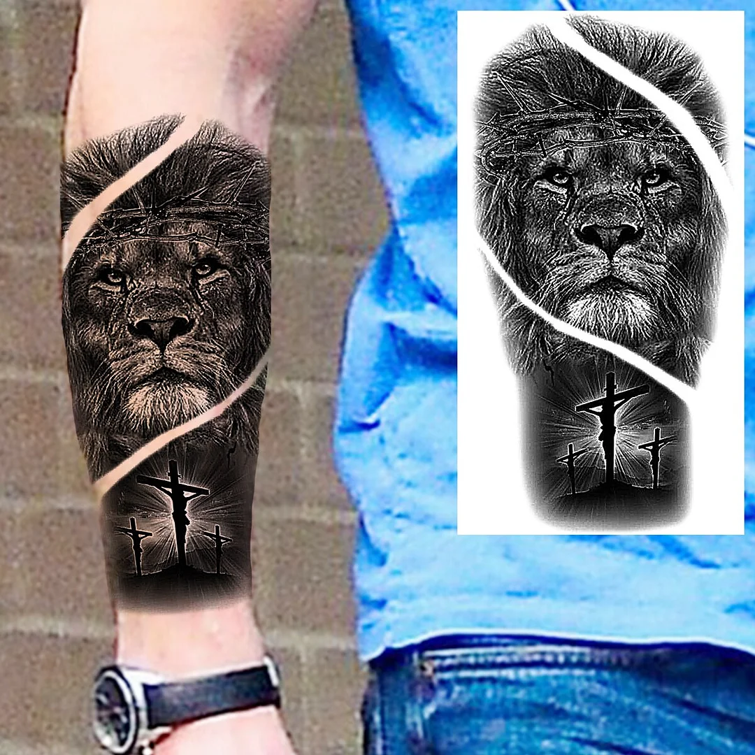 Sdrawing Praying Cross Temporary Tattoos For Men Adults Realistic Wolf Tiger Compass Skull Fake Tattoo Sticker Forearm Tatoos Arm