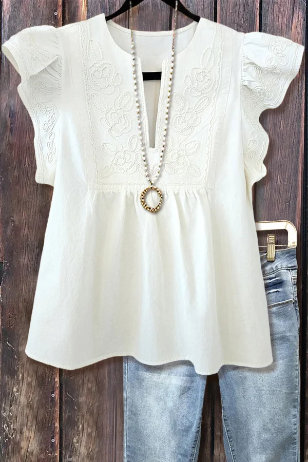 Embroidered Split Neck Ruffle Sleeve Top