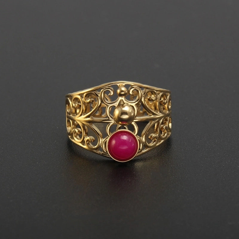 304 Stainless Steel 18K Gold Plated Baroque Style Plating Inlay Solid Color Natural Stone Open Rings