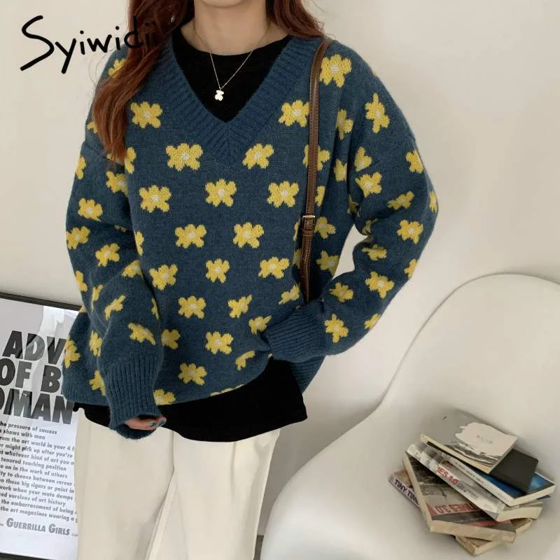 Syiwidii Oversized Woman Sweater Autumn Winter 2021 Vintage Floral Pullovers Long Sleeve V Neck Knitted Korean Tops Loose Jumper