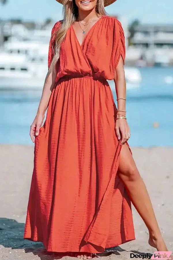 Surplice Neck Split Hem Ruched Maxi Dress