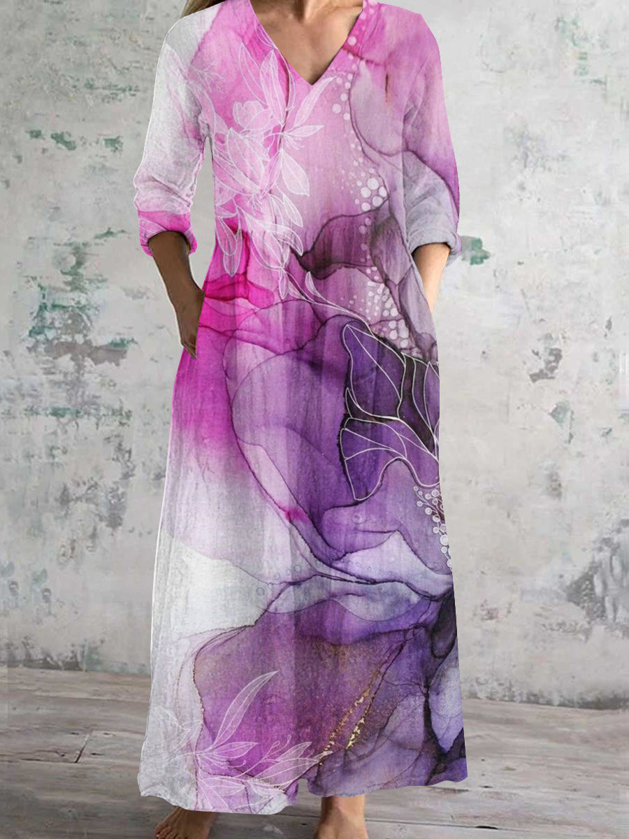 Women's V Neck Rendered Floral Art Print Cotton and Linen Pocket Dress