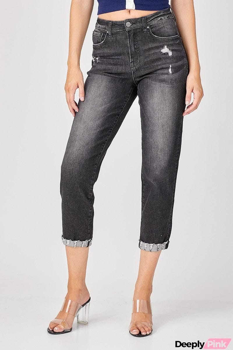 RISEN Distressed High-Rise Boyfriend Jeans in Black