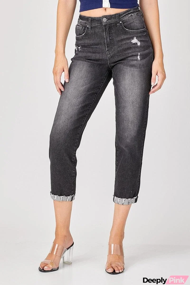 RISEN Distressed High-Rise Boyfriend Jeans in Black