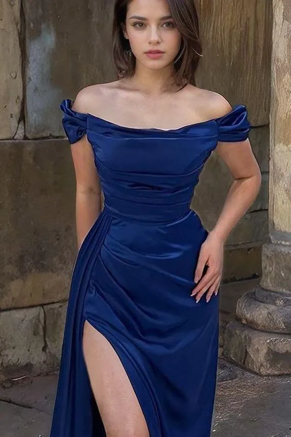 Daisda Simple Satin Strapless Off the Shoulder High Split Prom Dress ...