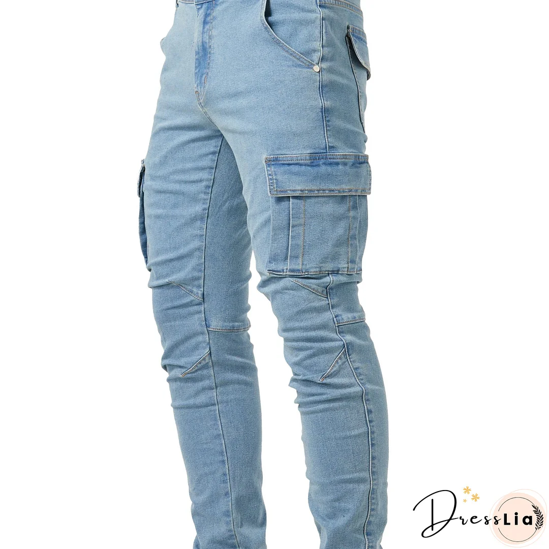 Slim Fit Multi Pocket Jeans, Men's Casual Street Style High Stretch Denim Cargo Pants