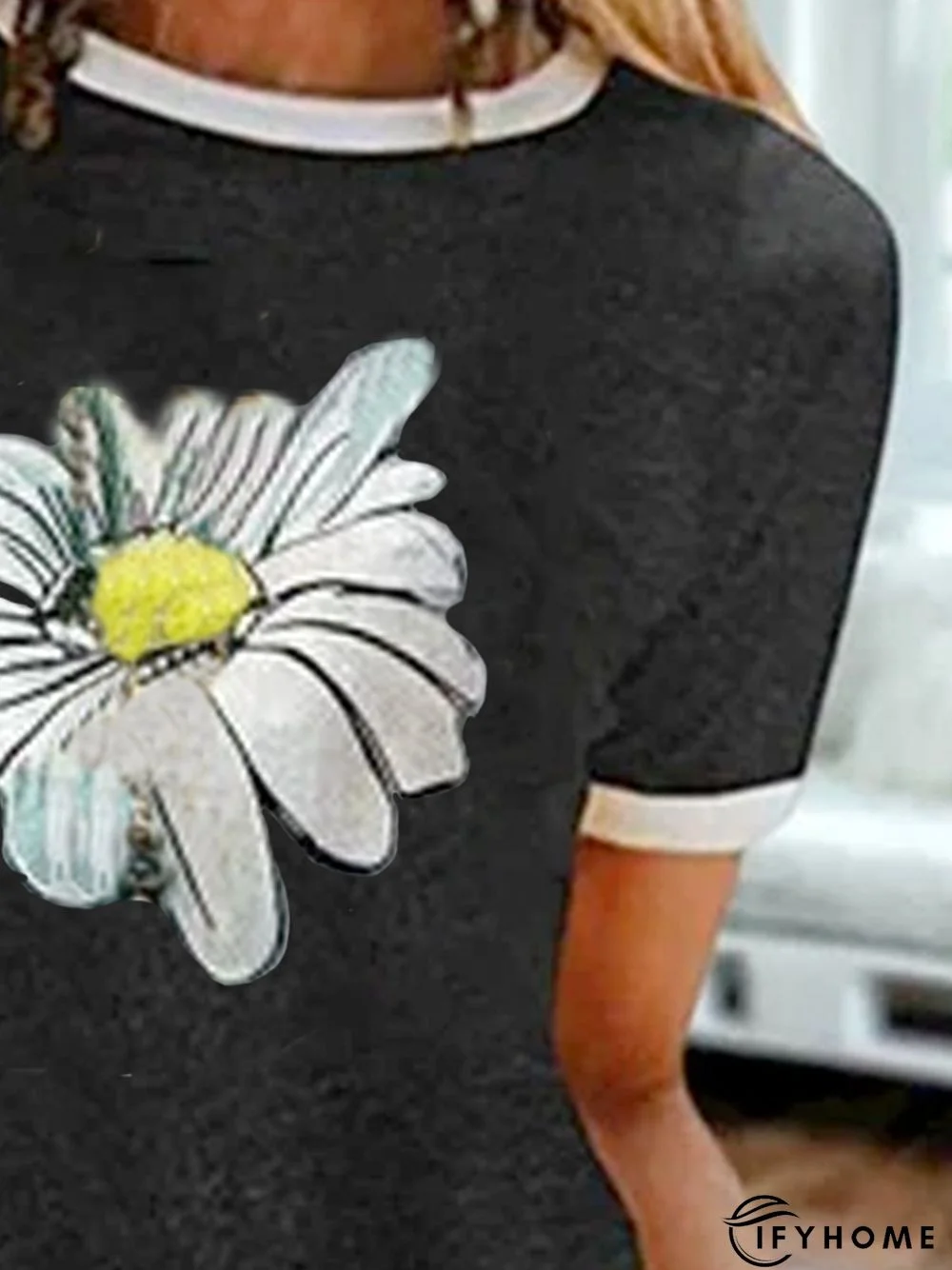 Casual short sleeve round neck chrysanthemum top | IFYHOME