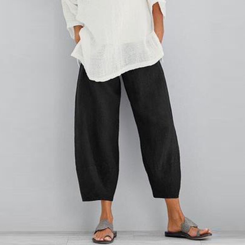 Women Cotton Linen Vintage Pants 2021 Summer Elastic Waist Irregular Trousers Pantalon Casual Dandelion Print Cropped Pants 5XL