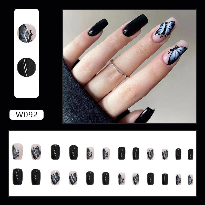 24Pcs Blue French Long Ballet False Nails With Black White Lace Butterfly Design Acrylic Removable Press On Nail Tips With Glue