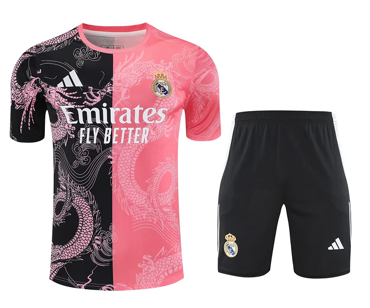 2025-26 Real Madrid short-sleeved training suit black pink-adult suit
