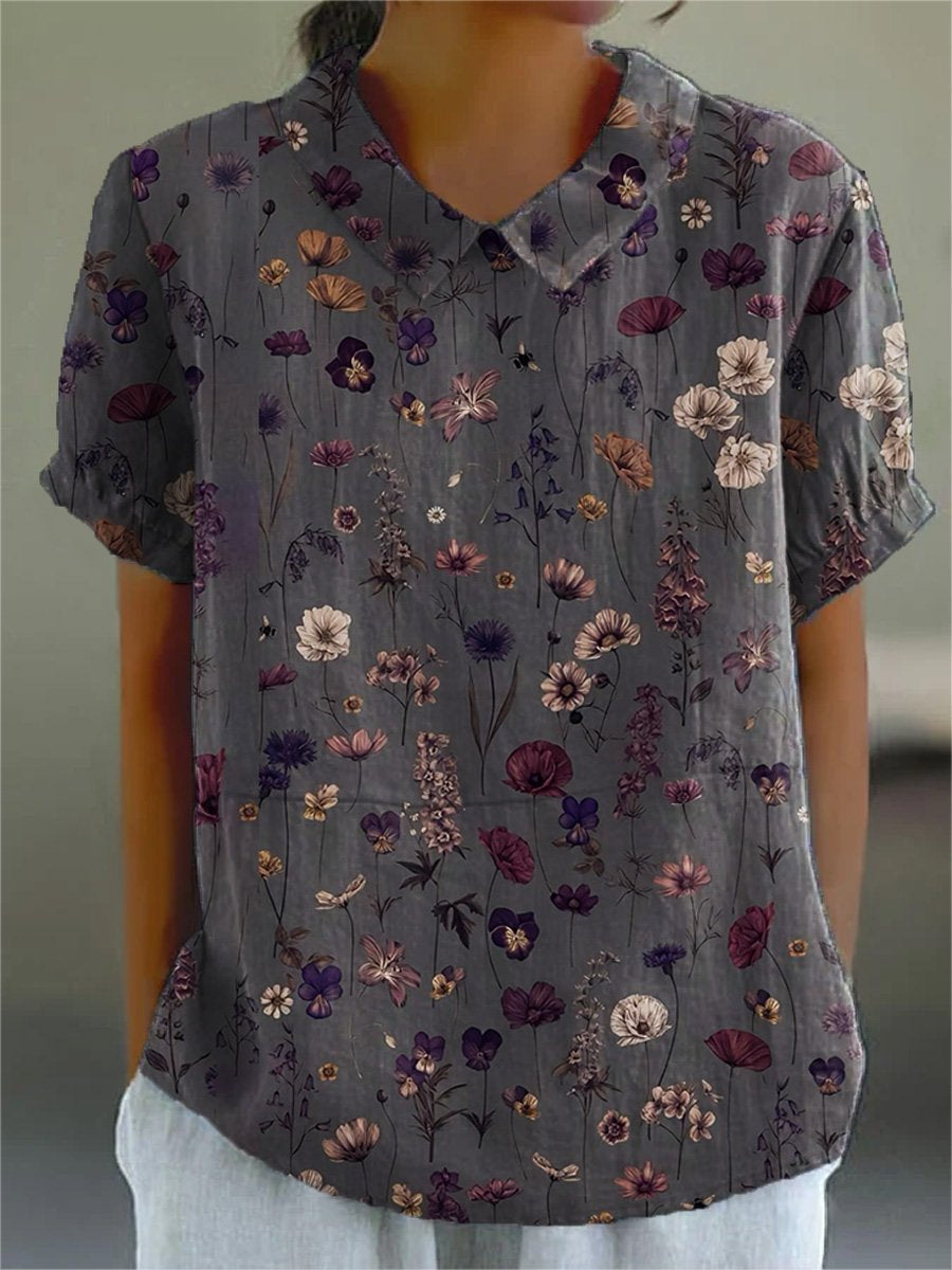Women’s Flower Art Print Casual Cotton And Linen Shirt Multicolor / S