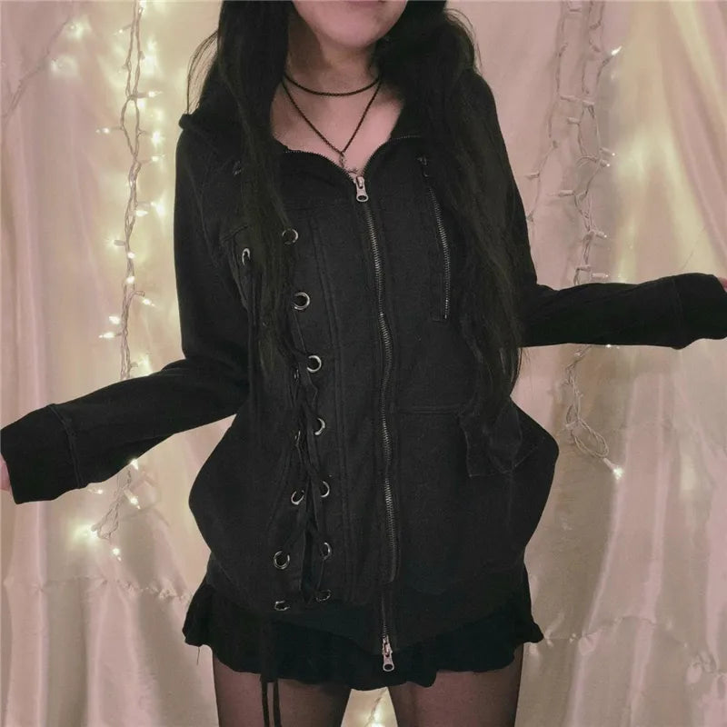 Xingqing Dark Academia Sweatshirt 2000s Women Solid Color Cross Bandage Long Sleeve Zipper Hoodie Punk Gothic Clothes Streetwear LANFUBEISI