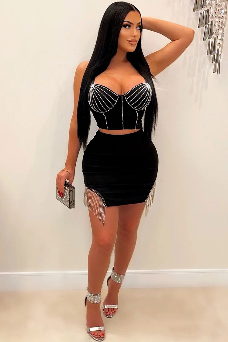 Rhinestone Pattern Cami Corset Top Fringed Mini Skirt Party Matching Set