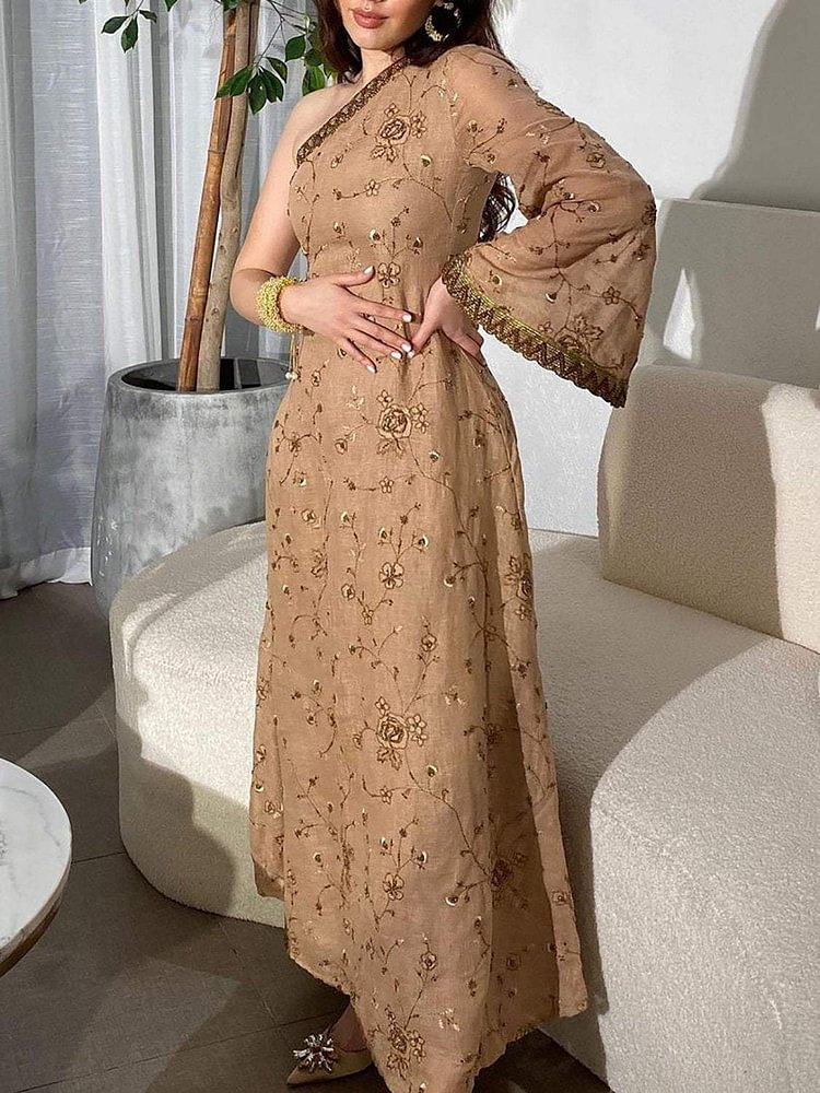 Elegant Floral Print One Sleeve Dress