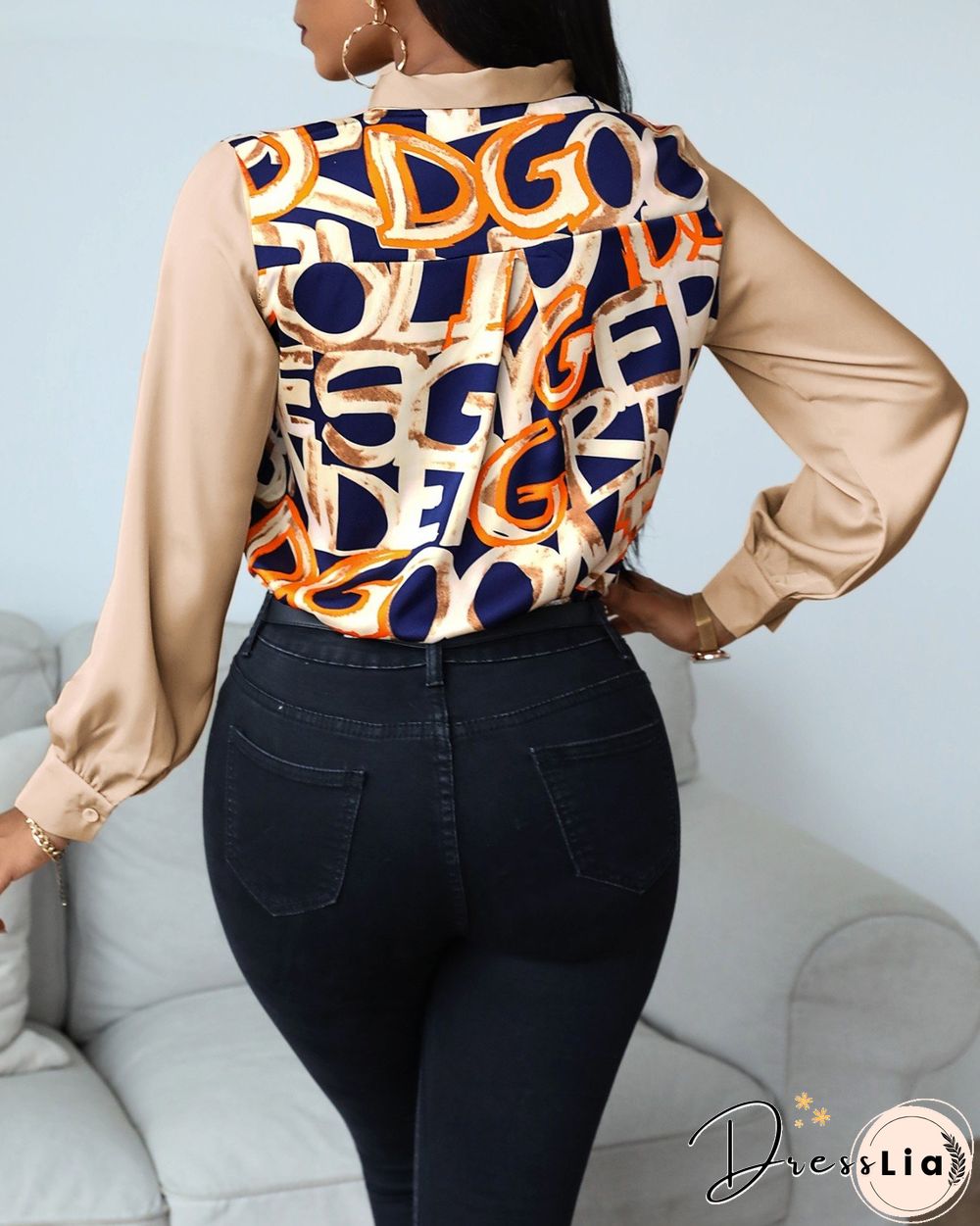 Letter Pattern Print Lantern Sleeve Shirt P13199