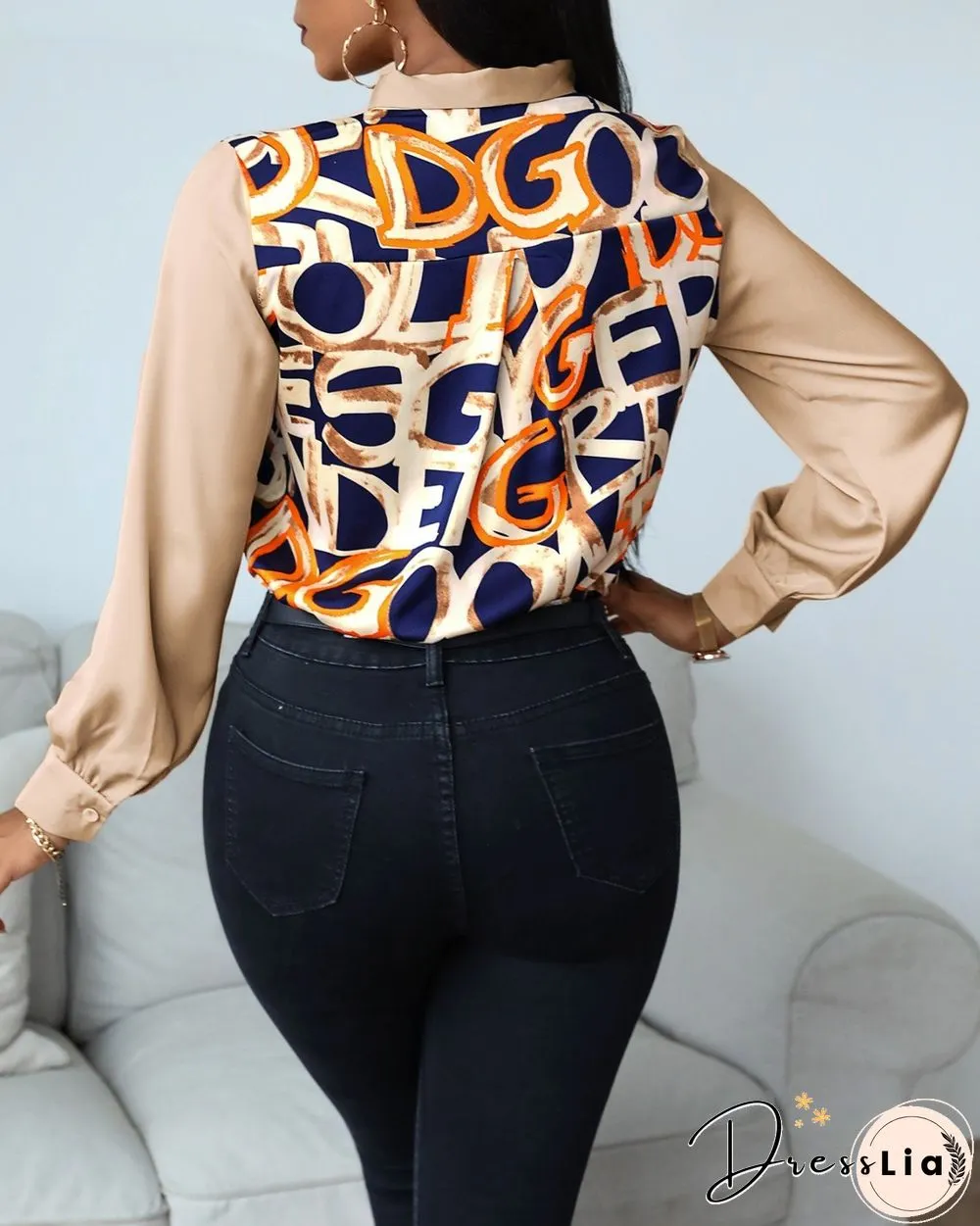 Letter Pattern Print Lantern Sleeve Shirt P13199