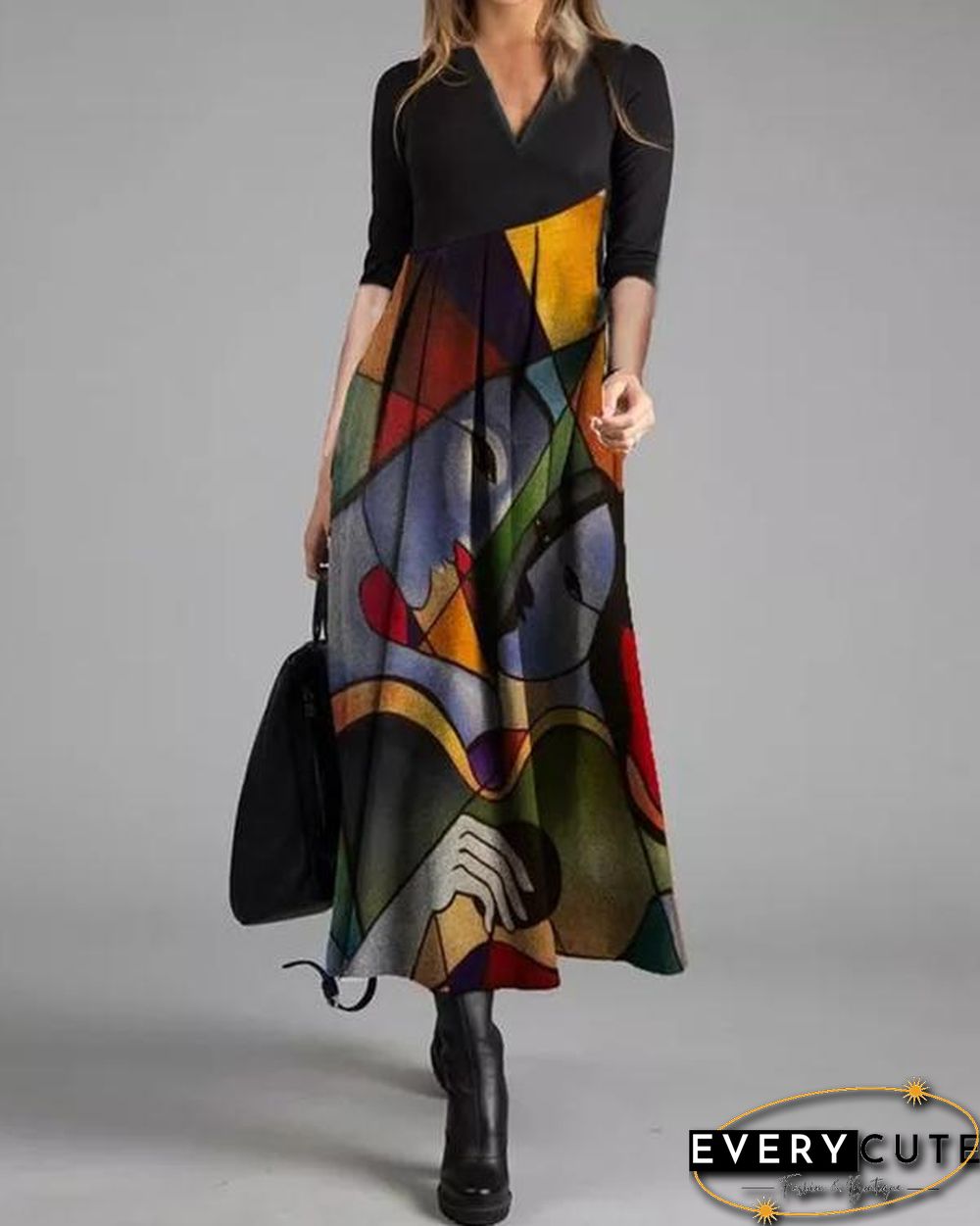 Casual Color Block Tunic V-Neckline A-line Dress