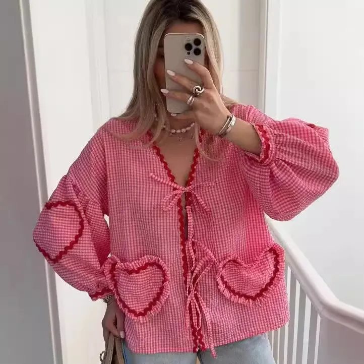Brownm Brownm Women's Clothing New Fashion Loose Long-Sleeved Plaid Love With Shirt Women