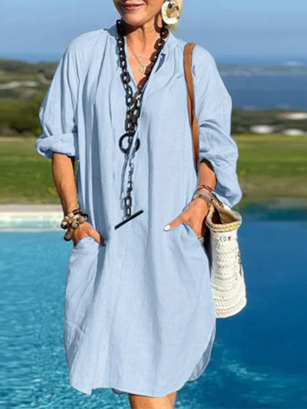 Women's Long Sleeve V-neck Solid Color Pocket Fashion Casual Dress