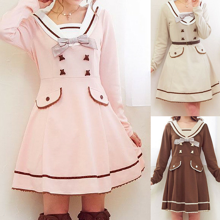 S-XL Pink/Khaki/Brown Sweet Seifuku Long Sleeve Dress SP165597