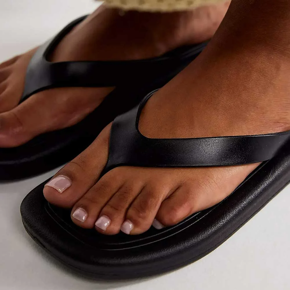 Classic Black Square Toe Flat Slip On Flip Flops for Women