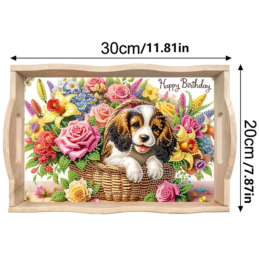 5D DIY Flower Dog Diamond Painting Wooden Serving Tray with Handle for Desk
