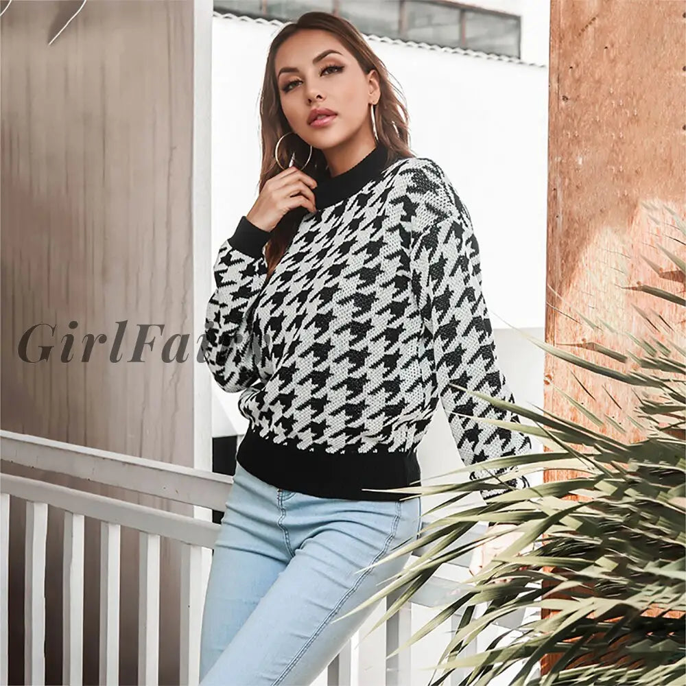 Women Houndstooth Knitted Sweater Casual Loose Autumn Basic Long Sleeve Top Elegant Black Pullover