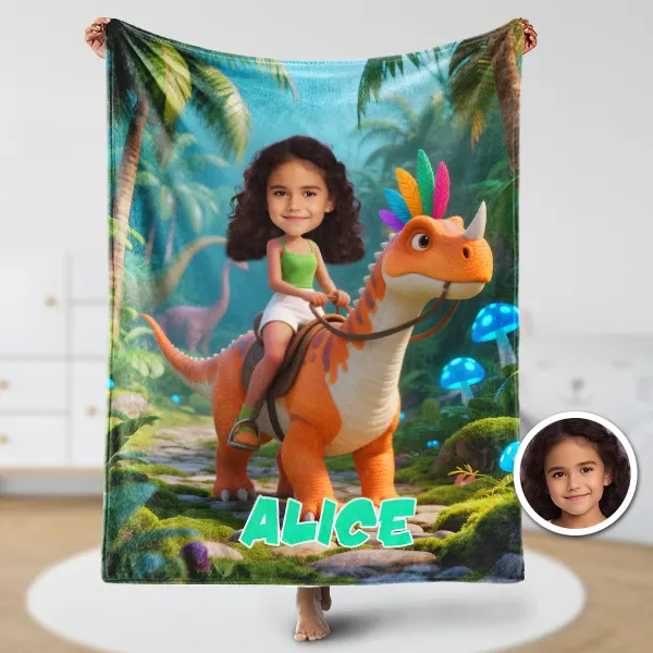 Custom Orange Dinosaur Riding Blankets Personalized Face & Name Hero Blanket Gifts For Girls