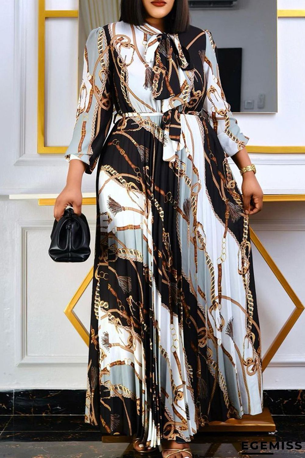 Black Fashion Casual Print Frenulum O Neck Long Sleeve Dresses | EGEMISS