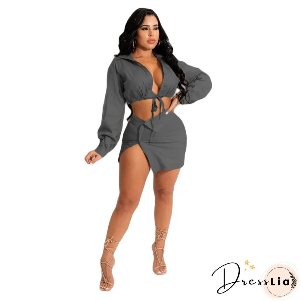 Lace Up Long Sleeve Shirt Crop Top Mini Skirt Set