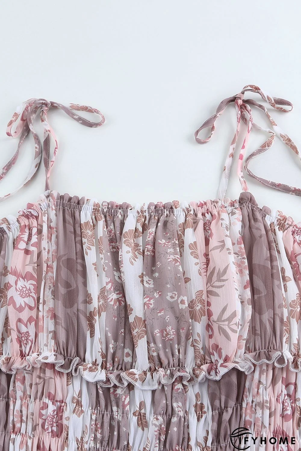 Multicolor Floral Print Frill Trim Smocked Spaghetti Strap Maxi Dress | IFYHOME