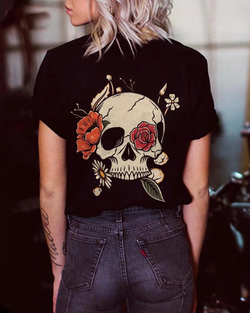 FLORAL SKULL PRINTED CASUAL T-SHIRT