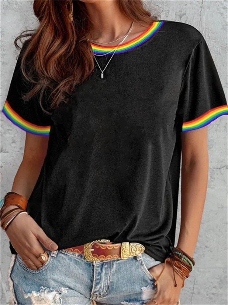 Rainbow Stripes Casual Basic T Shirt