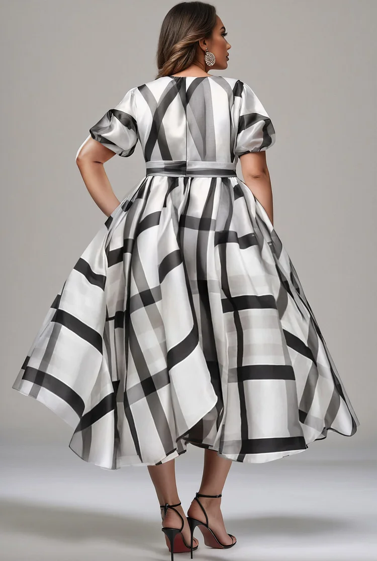 Xpluswear Design Plus Size Business Casual White All Over Print Round Neck Puff Sleeve Short Sleeve Pocket Elegant Asymmetric Hem Organza Midi Dresses