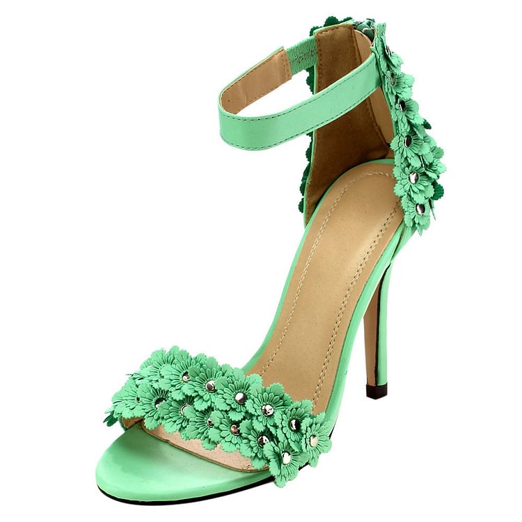 Green Floral Heels Ankle Strap Open Toe Stiletto Heels Sandals |FSJ Shoes