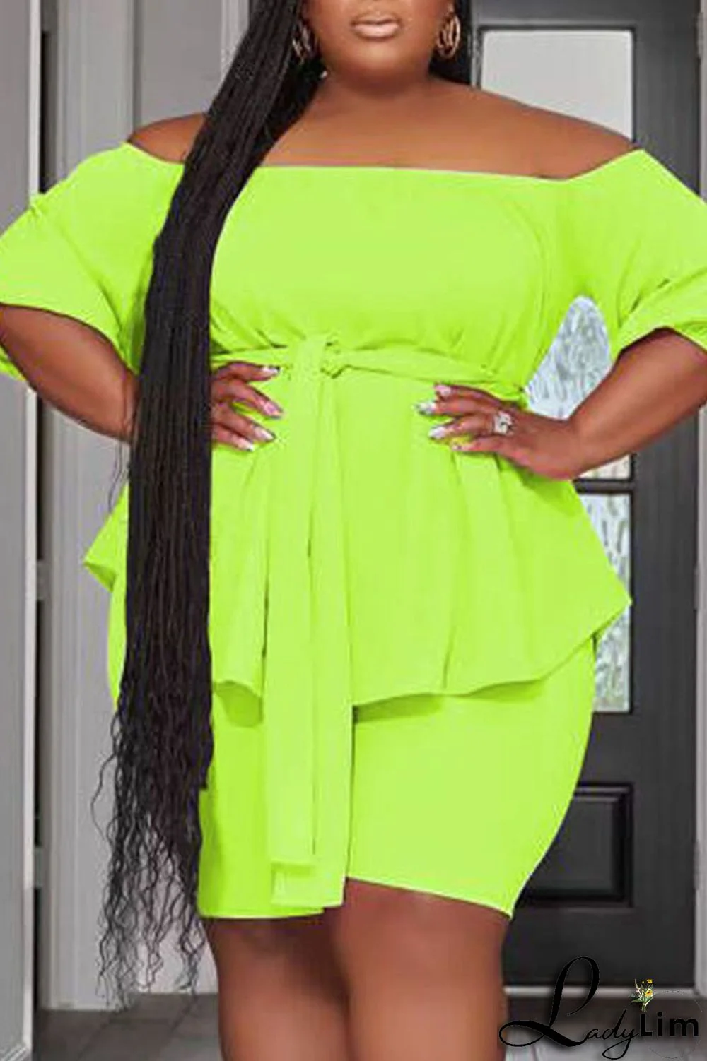 Fluorescent Green Casual Solid Patchwork Asymmetrical Off the Shoulder Plus Size Two Pieces