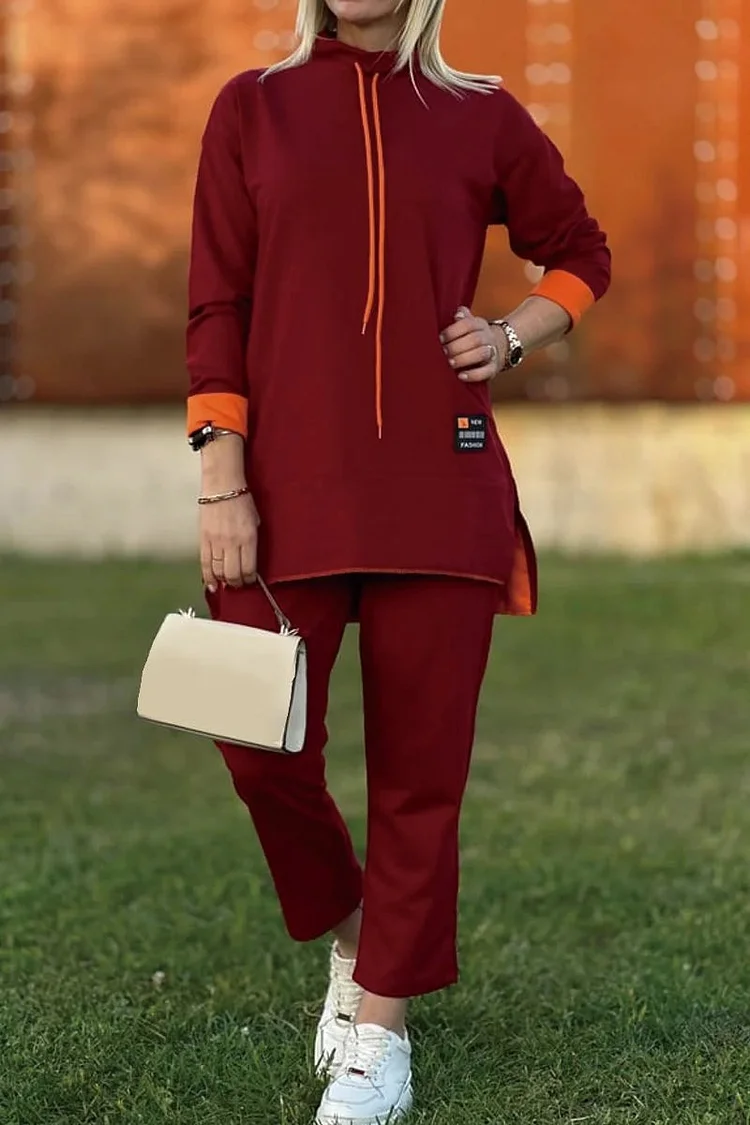 Women's long contrast color sweatshirt suit