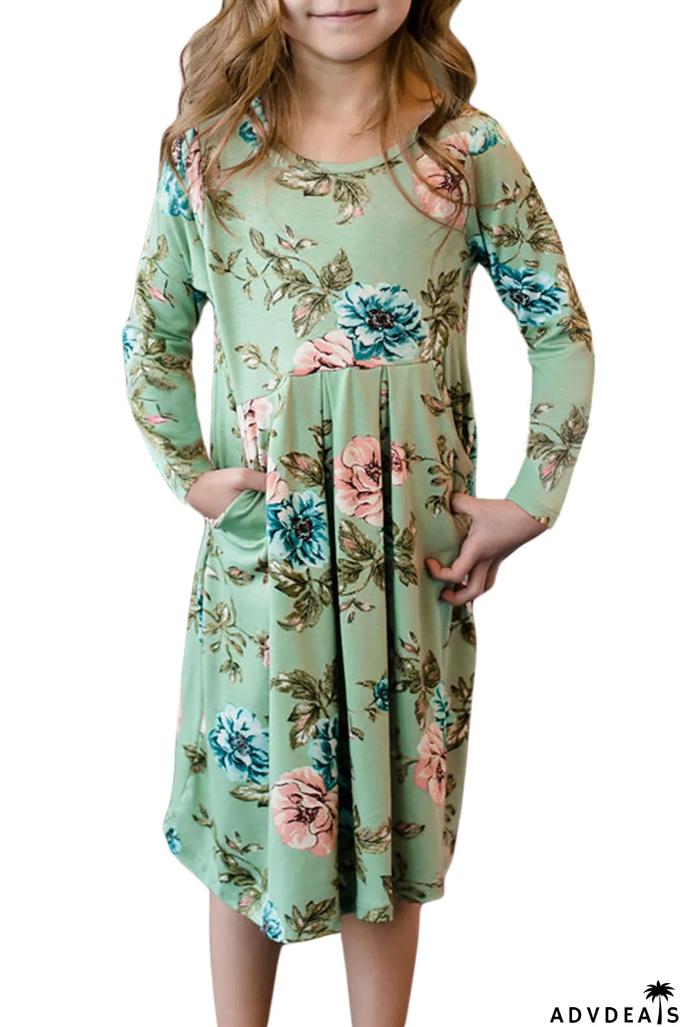 Floral Mint Swing Kids' Dress with Hidden Pockets