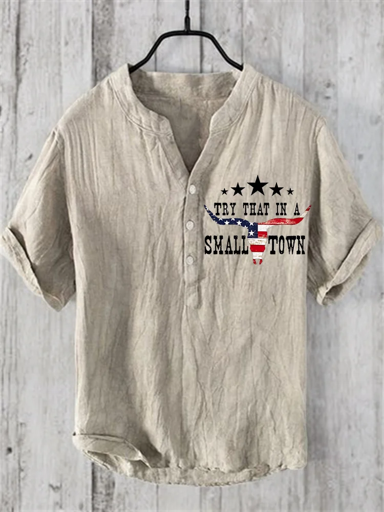 Comstylish Men's Try That in A Small Town Bull Skull Patriot Linen Blend Shirt