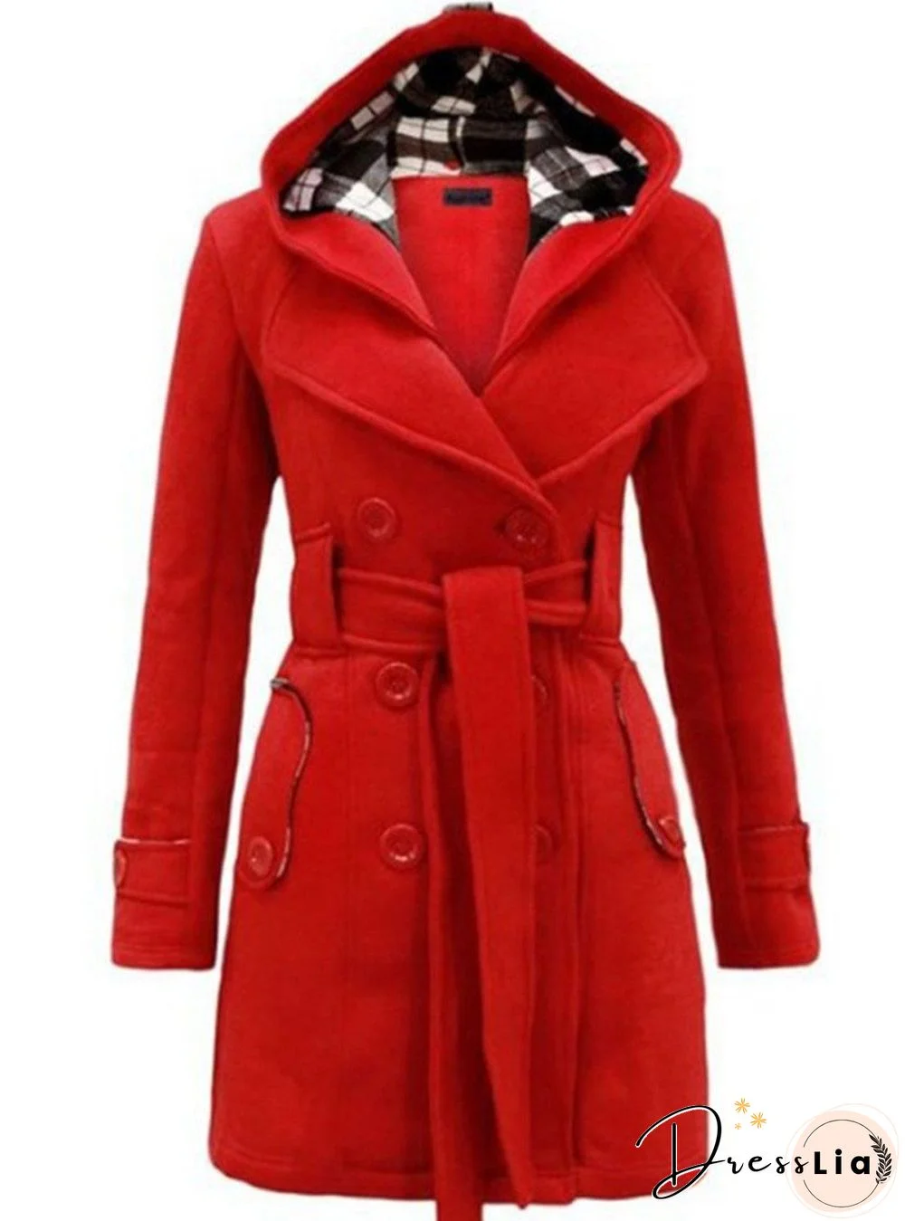 Checked Hooded Woolen Coat With Long Belt