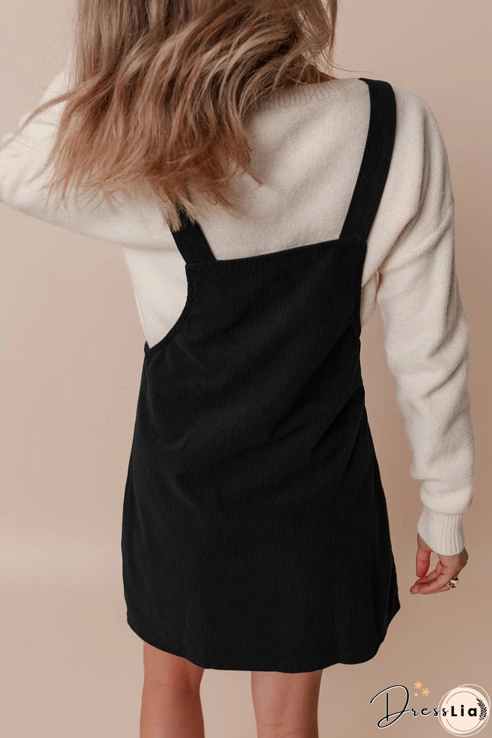 Black Solid Front Pockets Sleeveless Corduroy Overall Dress